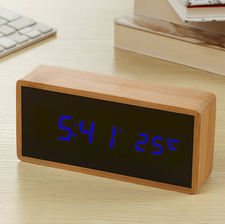 EcoTime - Bamboo LED Alarm Clock with Temperature Display