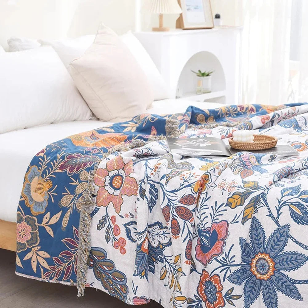 Floral cotton throw blanket reversible jacquard with tassels – view 3