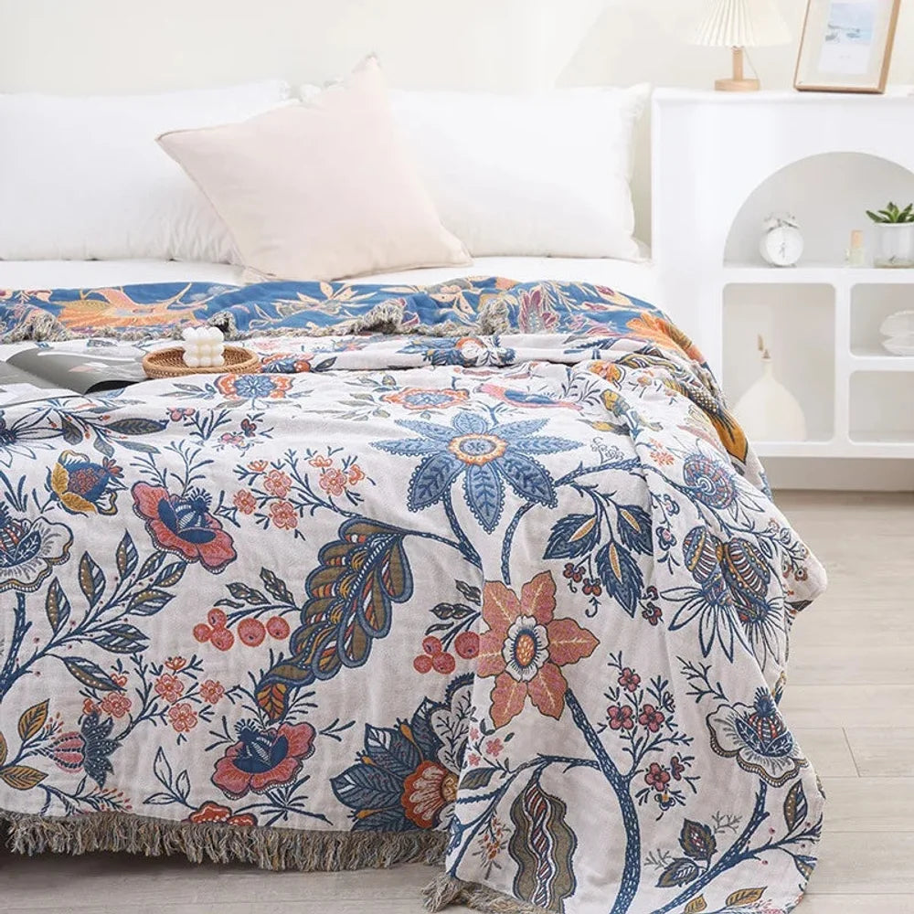 Floral cotton throw blanket reversible jacquard with tassels – view 10