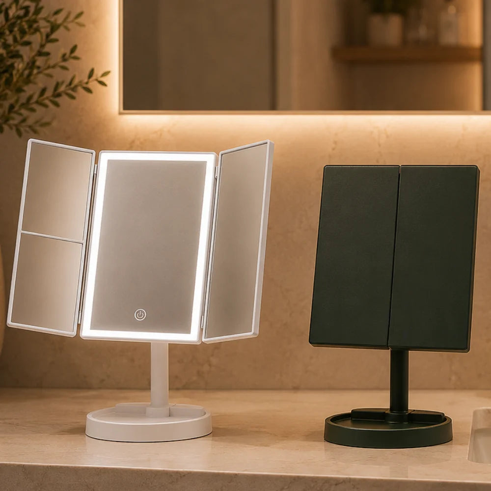 Foldable makeup magnifying mirror with led light 3 tone dimmable