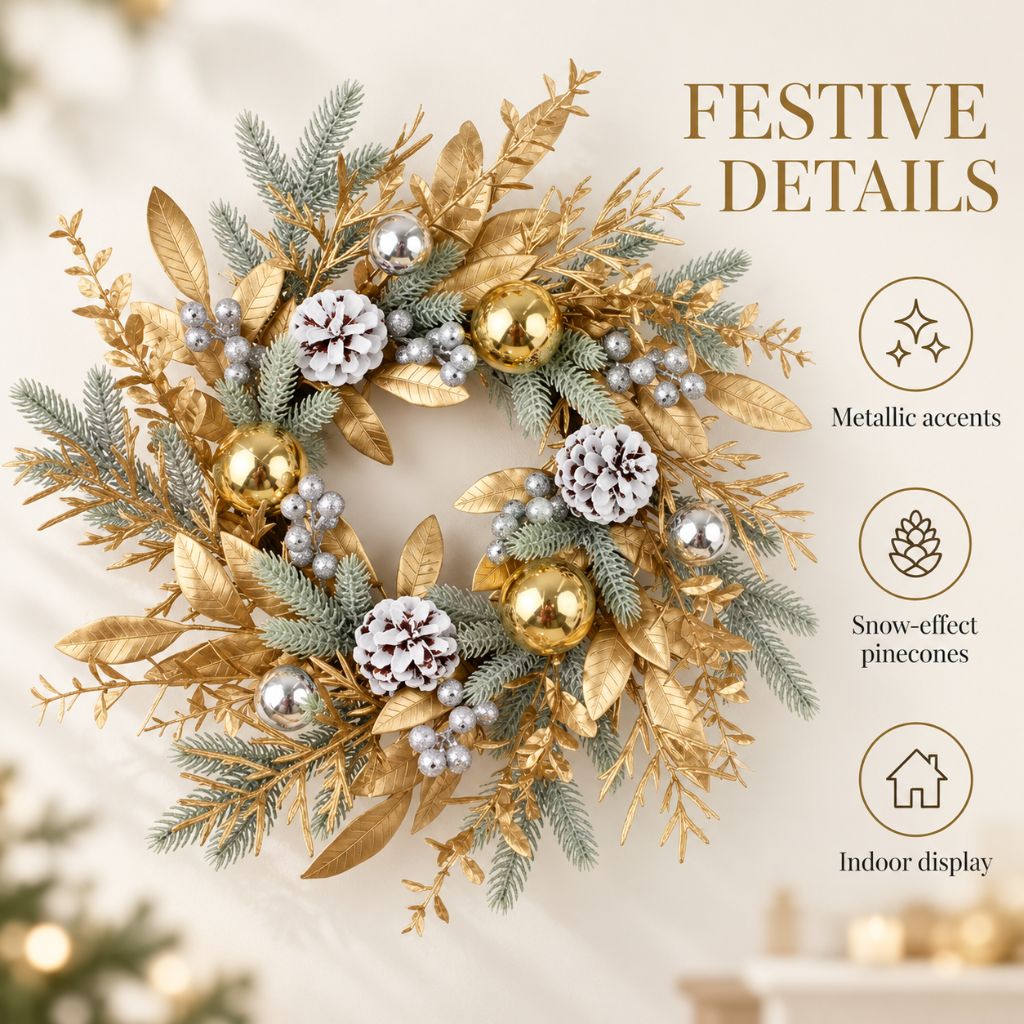 Gold and Silver Christmas Door Wreath with Pinecones