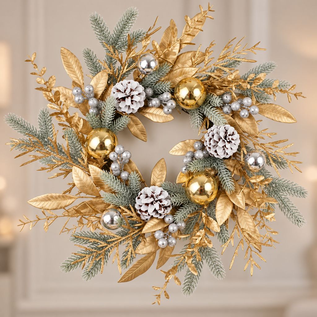 Gold and Silver Christmas Door Wreath with Pinecones
