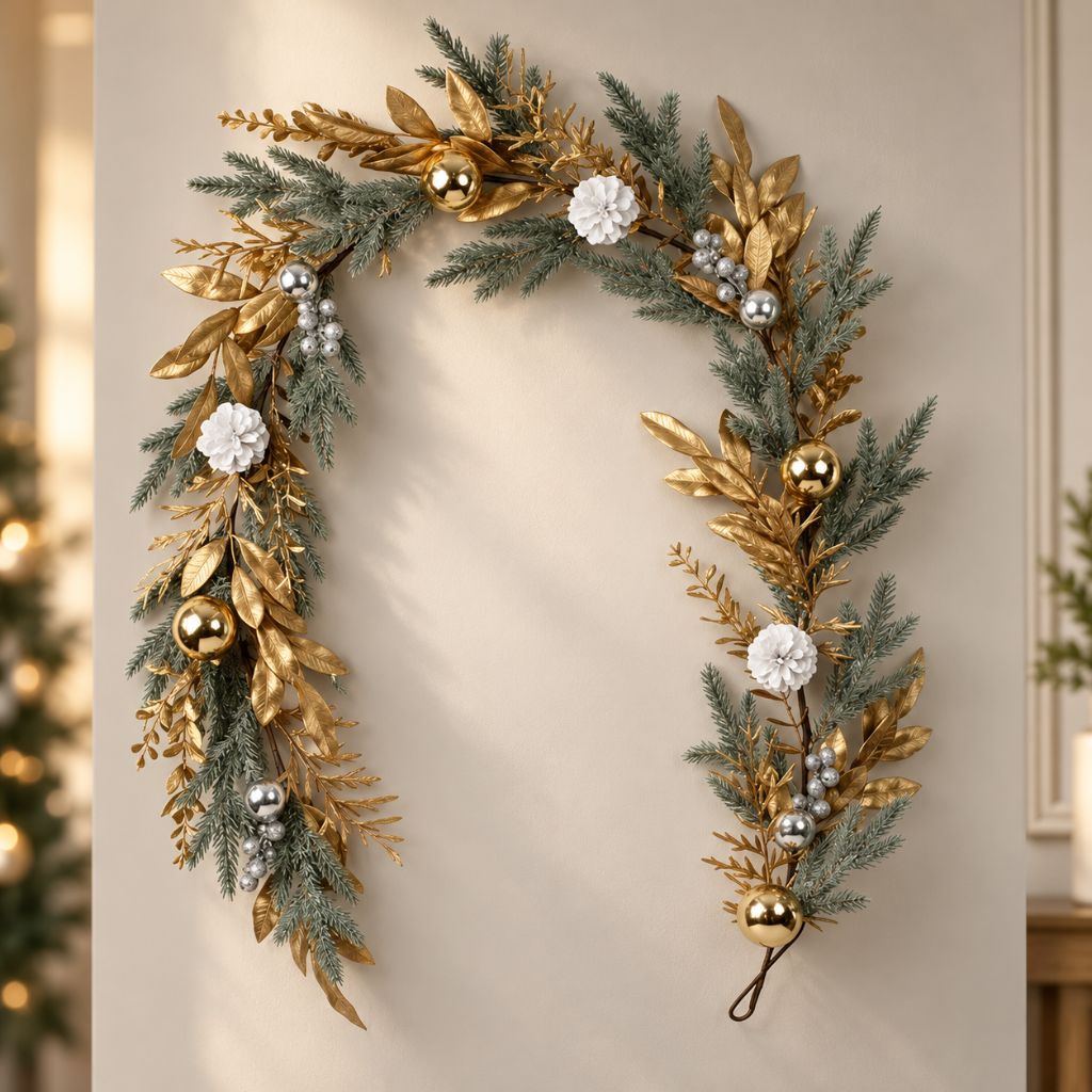 Gold and Silver Christmas Garland with Pinecones