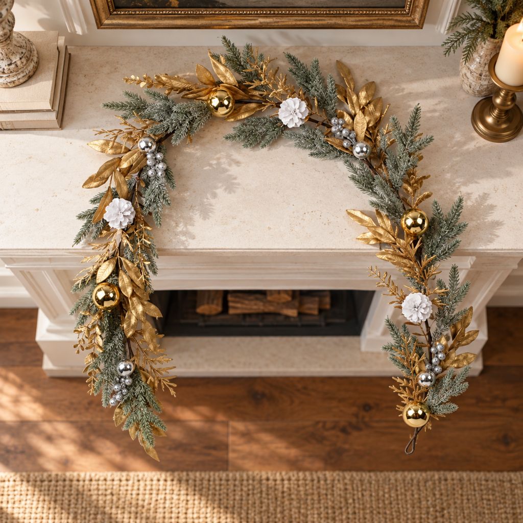 Gold and Silver Christmas Garland with Pinecones