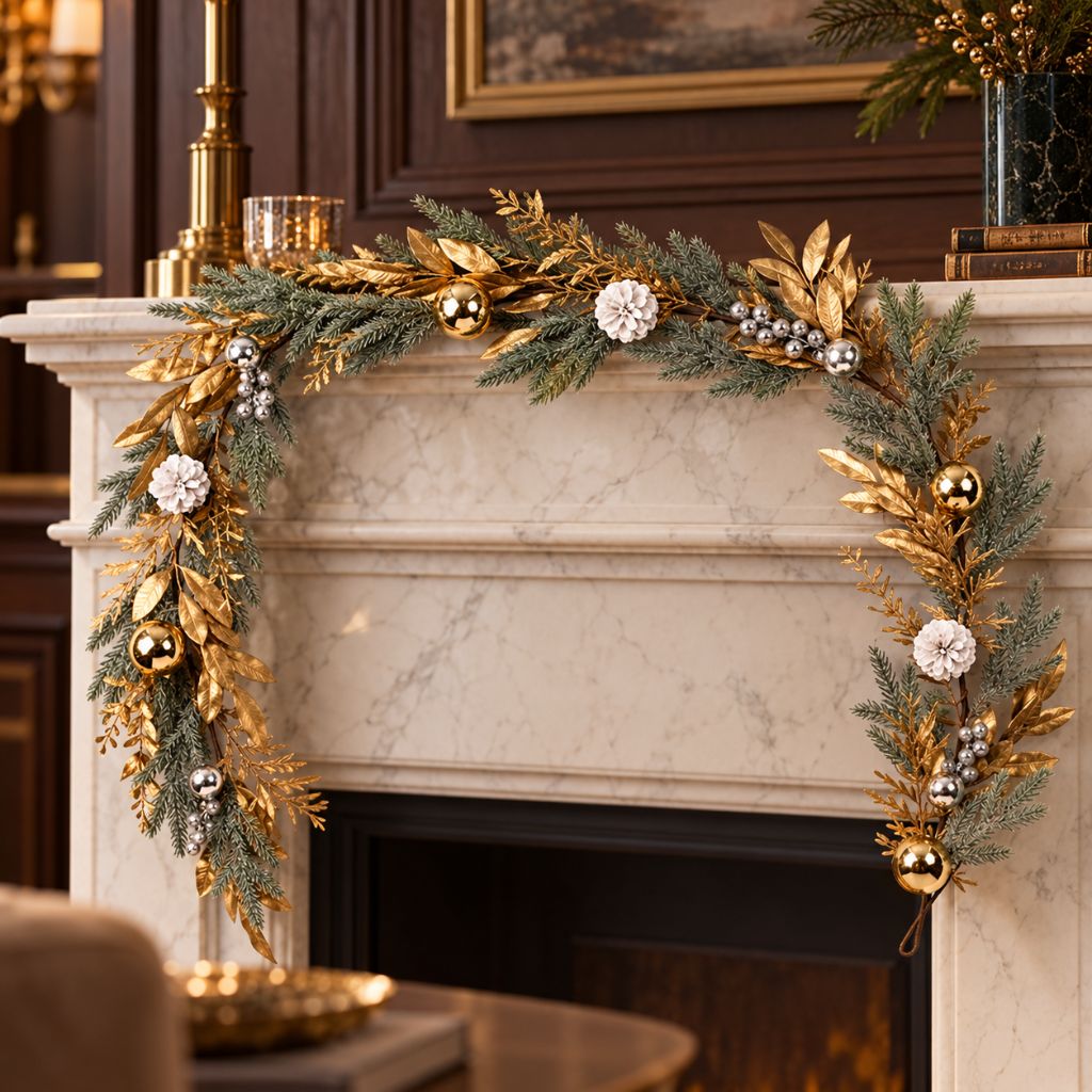 Gold and Silver Christmas Garland with Pinecones