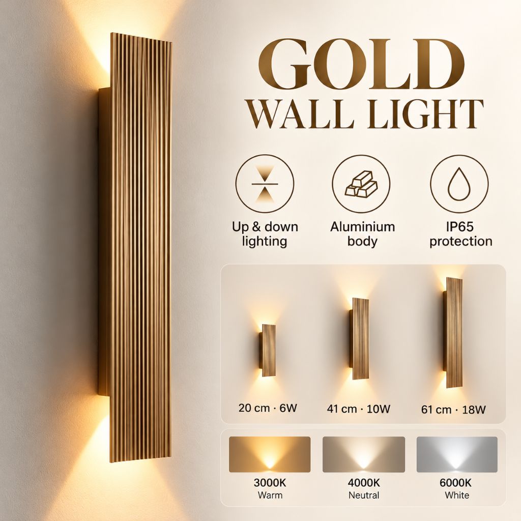 Gold Rectangular Up & Down LED Outdoor Wall Light IP65