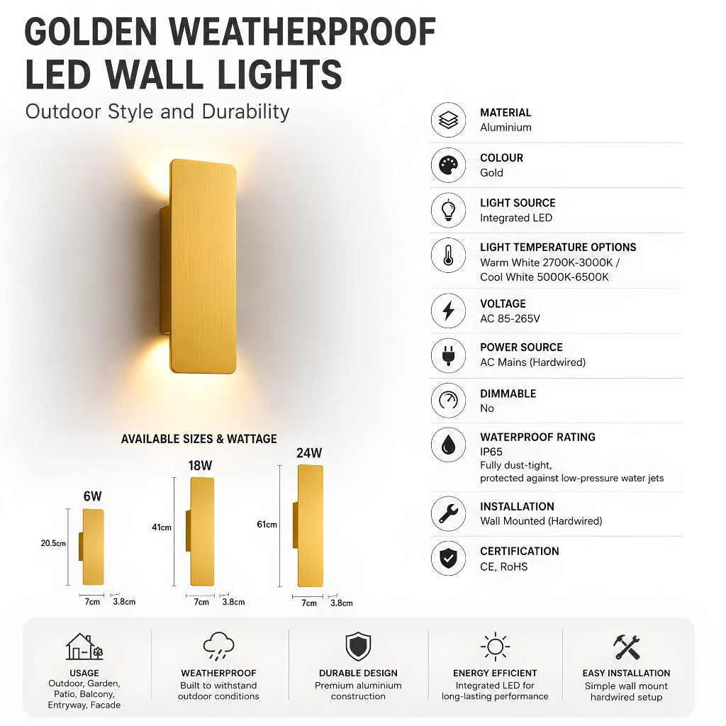 Golden Weatherproof LED Wall Lights - Outdoor Style and Durability