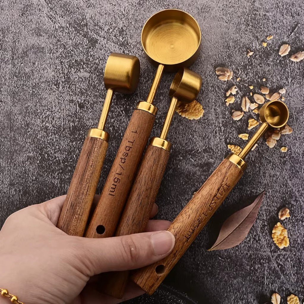 Golden & Wood Measuring Cups and Spoons Set - Lattea Global