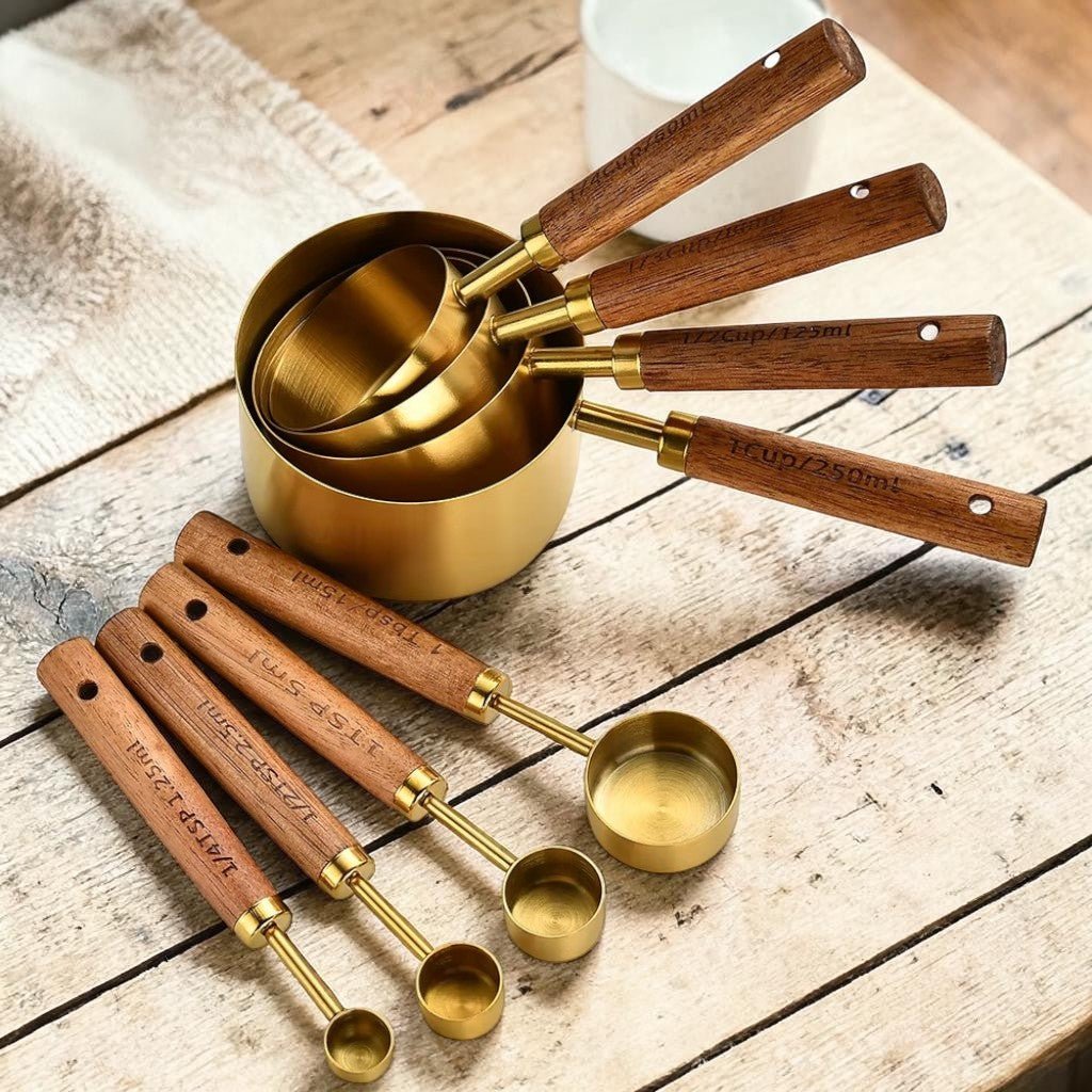 Golden & Wood Measuring Cups and Spoons Set - Lattea Global
