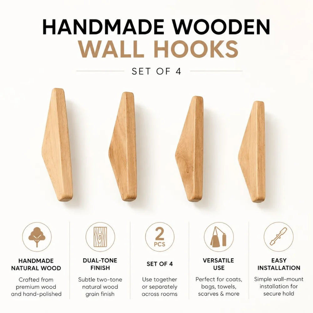Handmade wooden wall hooks - set of 4 boho natural wood - view 4