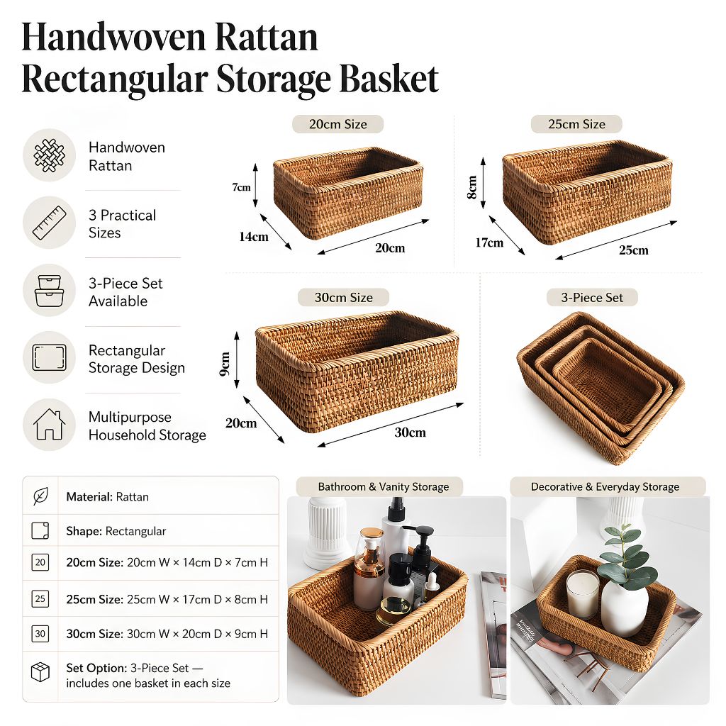 Handwoven Rattan Rectangular Storage Basket