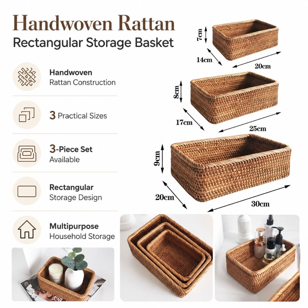 Handwoven Rattan Rectangular Storage Basket