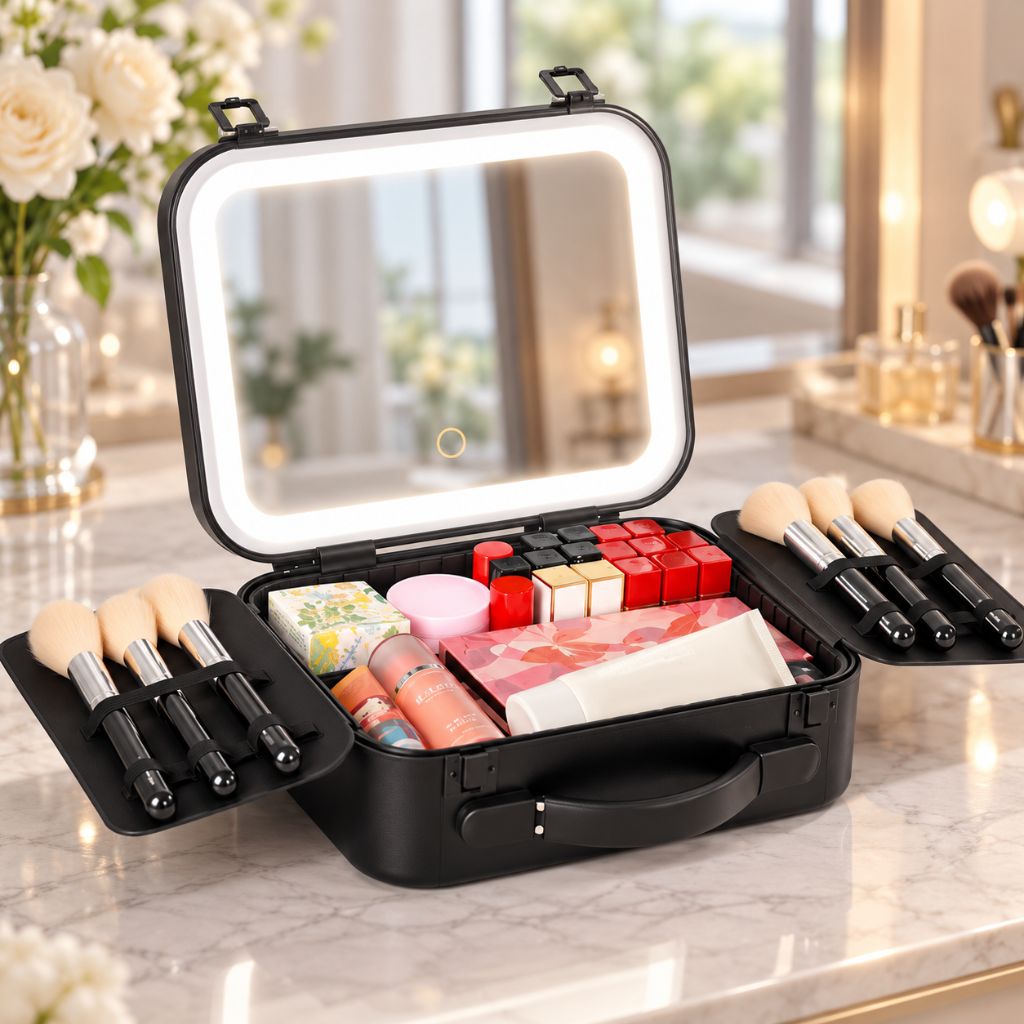 Hard Shell Travel Makeup Case with Rechargeable LED Mirror