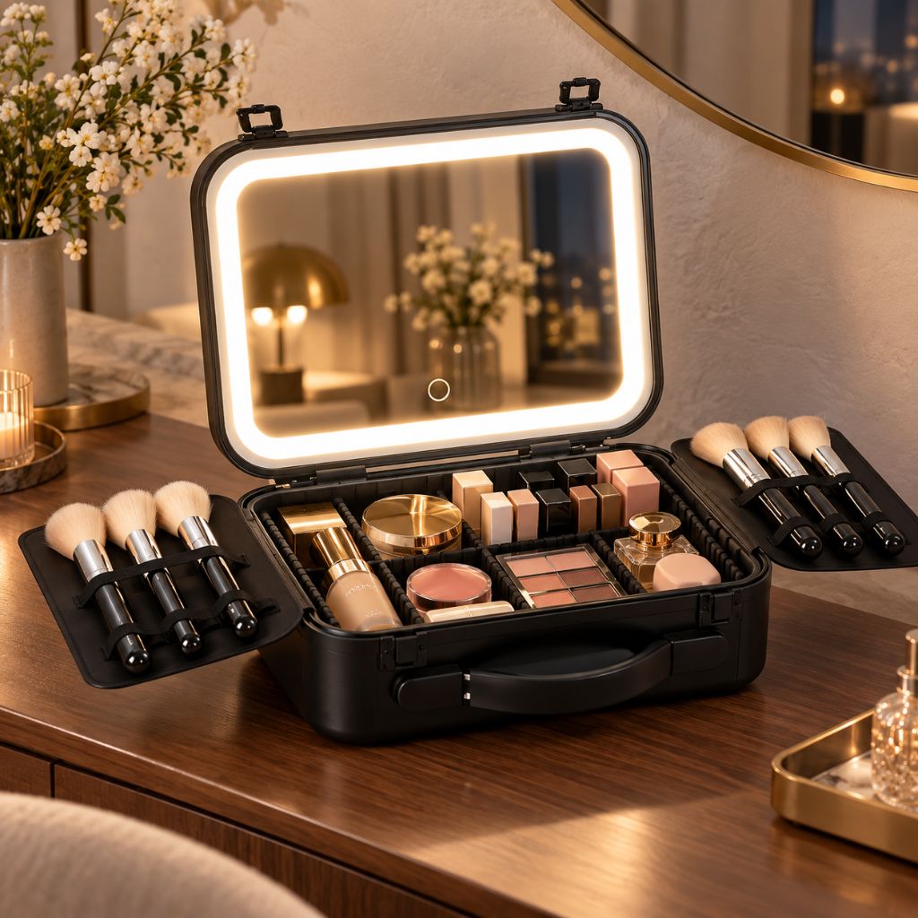 Hard Shell Travel Makeup Case with Rechargeable LED Mirror