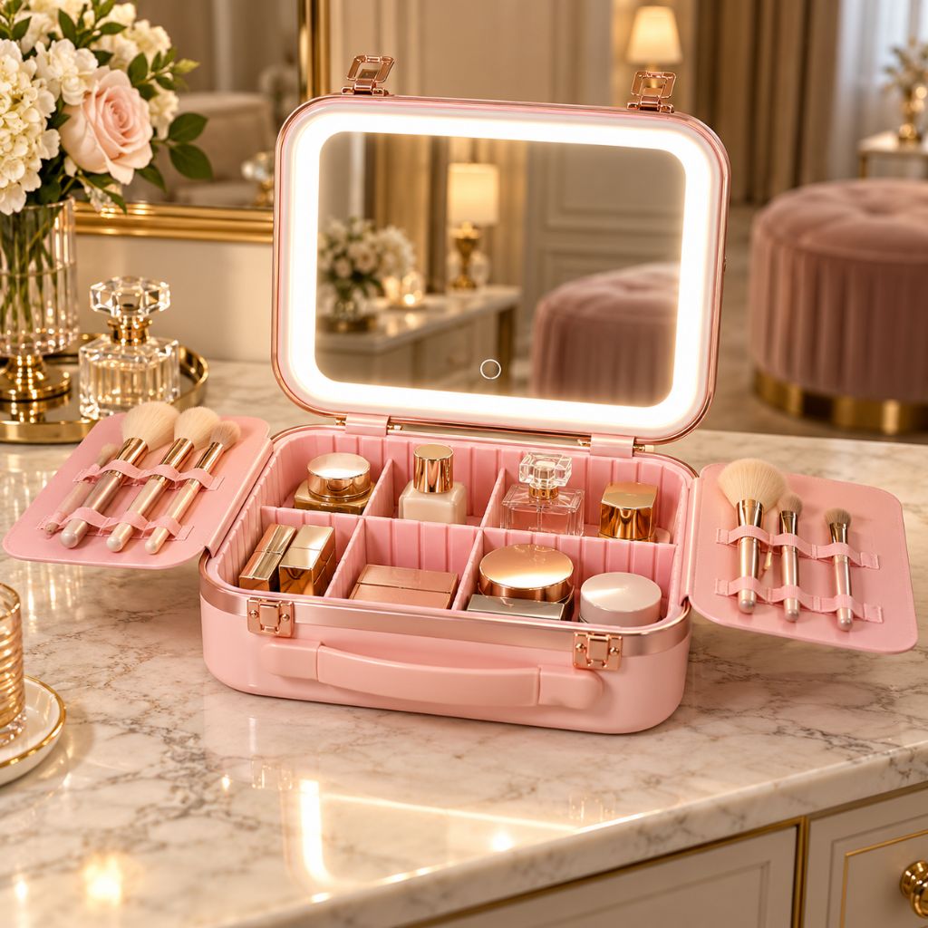 Hard Shell Travel Makeup Case with Rechargeable LED Mirror