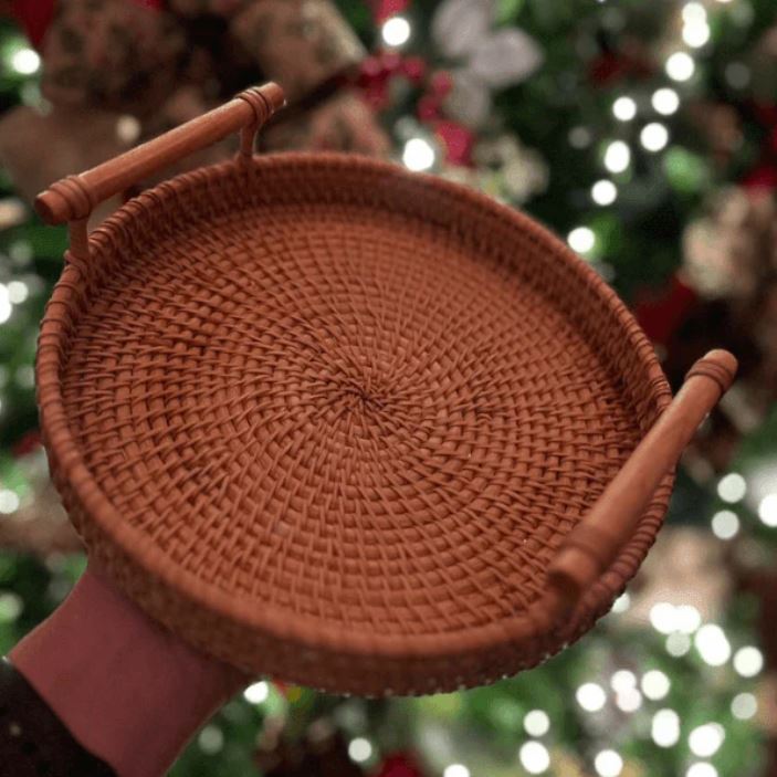 Handwoven Rattan Storage Tray with Wooden Handle