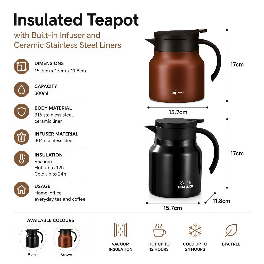 Insulated Teapot with Built-in Infuser and Ceramic Stainless Steel Liners