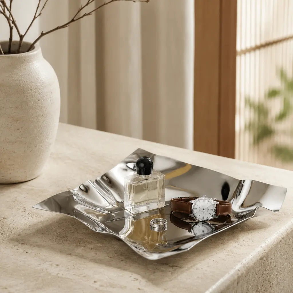 Irregular Stainless Steel Storage Tray in a warm Japandi dressing area