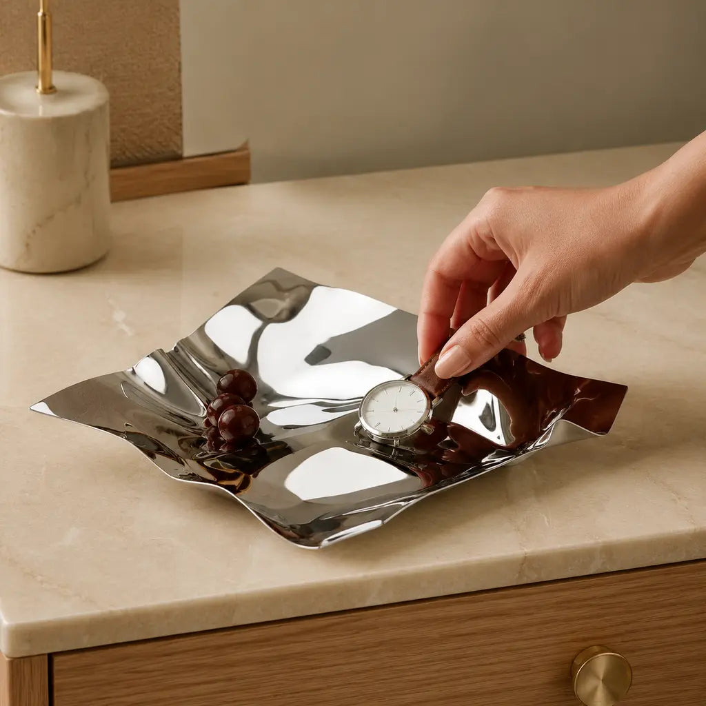 Irregular Stainless Steel Storage Tray in use with a wristwatch