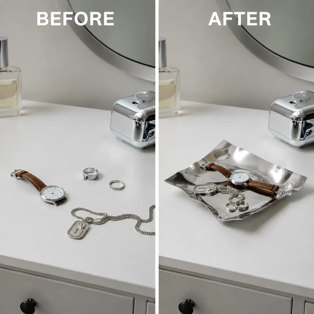 Irregular Stainless Steel Storage Tray before and after jewellery organisation