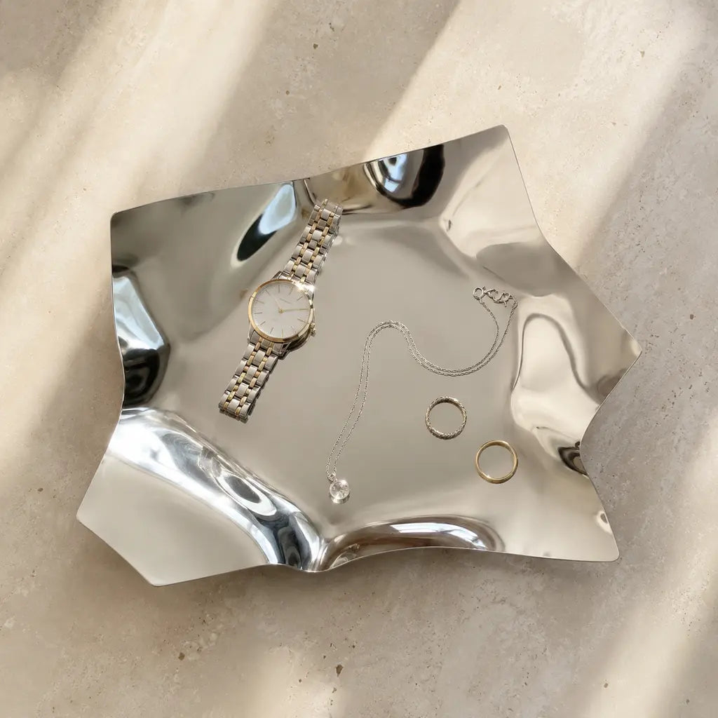 Irregular Stainless Steel Storage Tray overhead view with jewellery