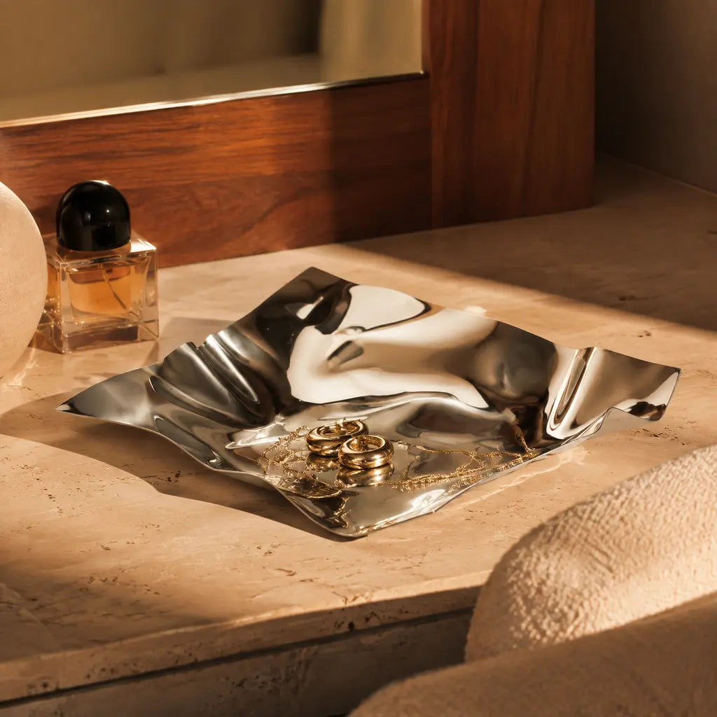 Irregular Stainless Steel Storage Tray in a discreet luxury vanity setting