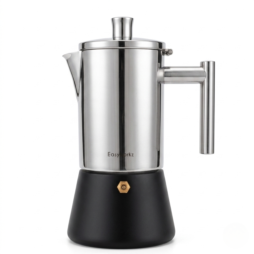 Stainless steel espresso maker with black base on a white background