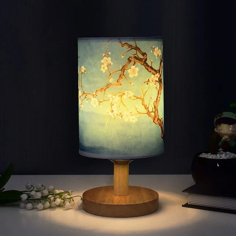 Dust-Resistant Textile Bedside Lamp with Wooden Base