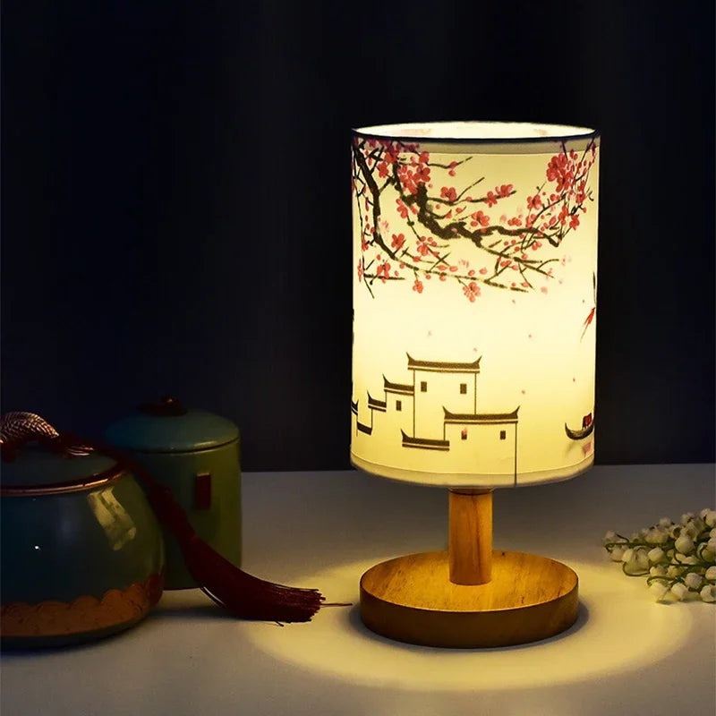 Dust-Resistant Textile Bedside Lamp with Wooden Base