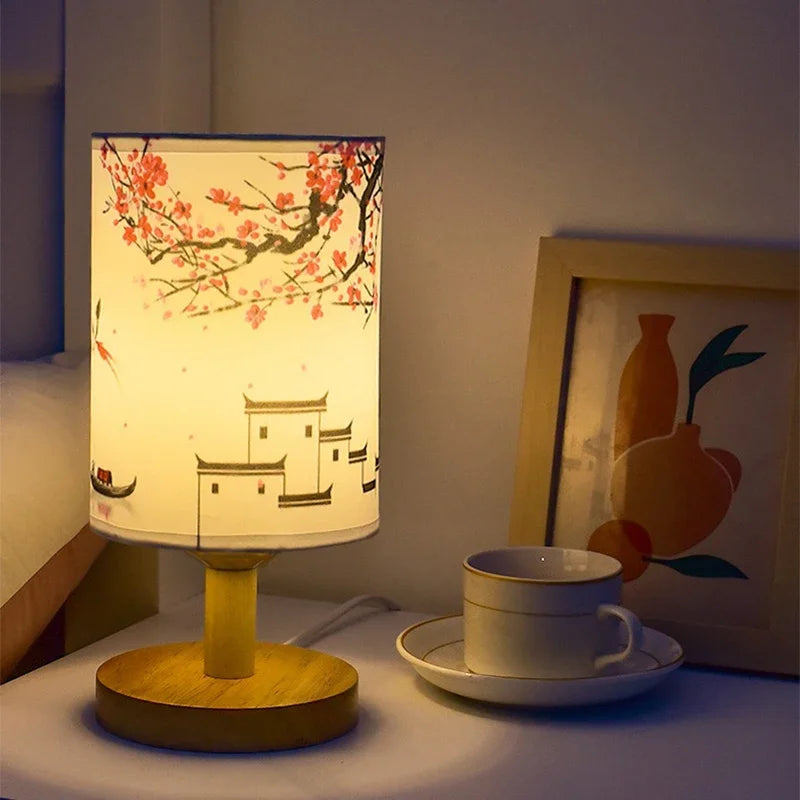 Dust-Resistant Textile Bedside Lamp with Wooden Base