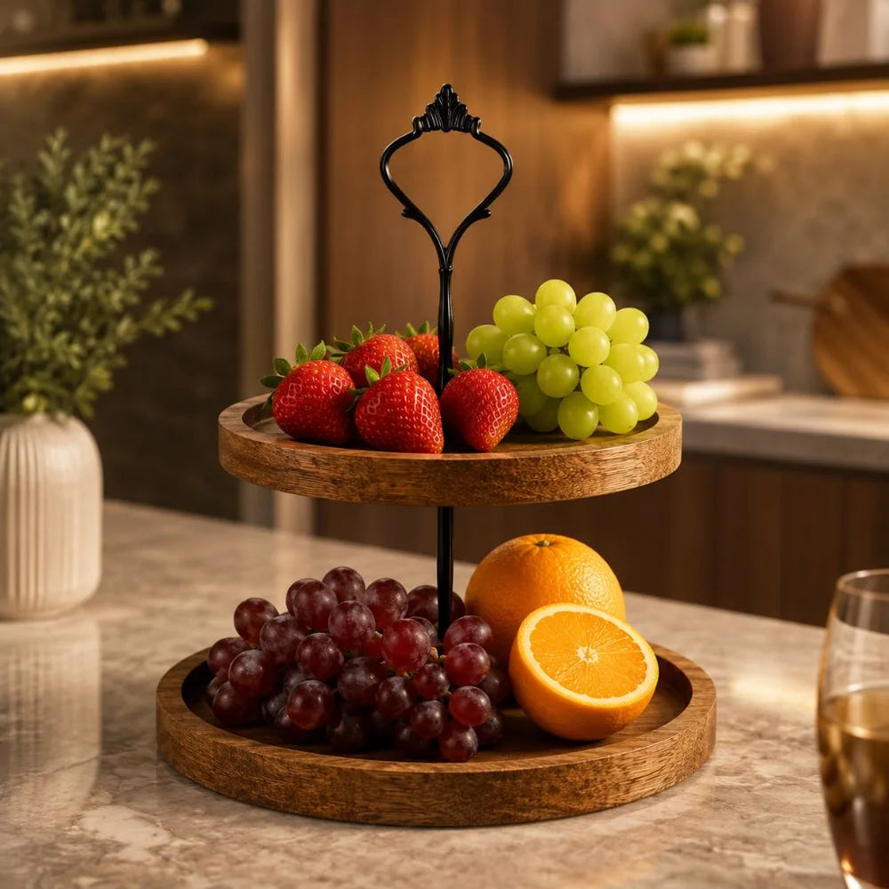 Japanese solid wood fruit tray two tier round snack plate - view 2