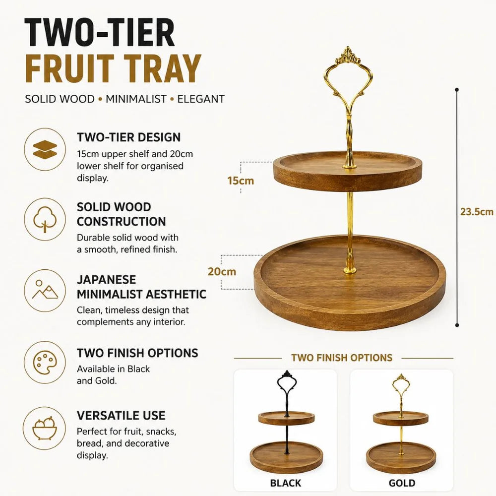 Japanese solid wood fruit tray two tier round snack plate - view 3