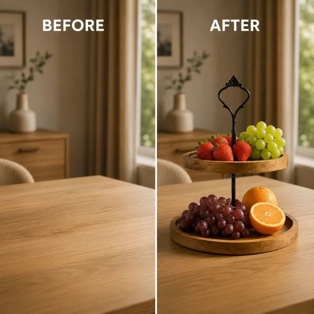 Japanese solid wood fruit tray two tier round snack plate - view 4