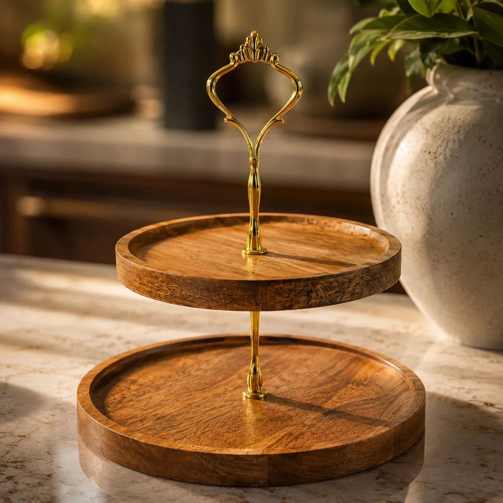Japanese solid wood fruit tray two tier round snack plate - view 6