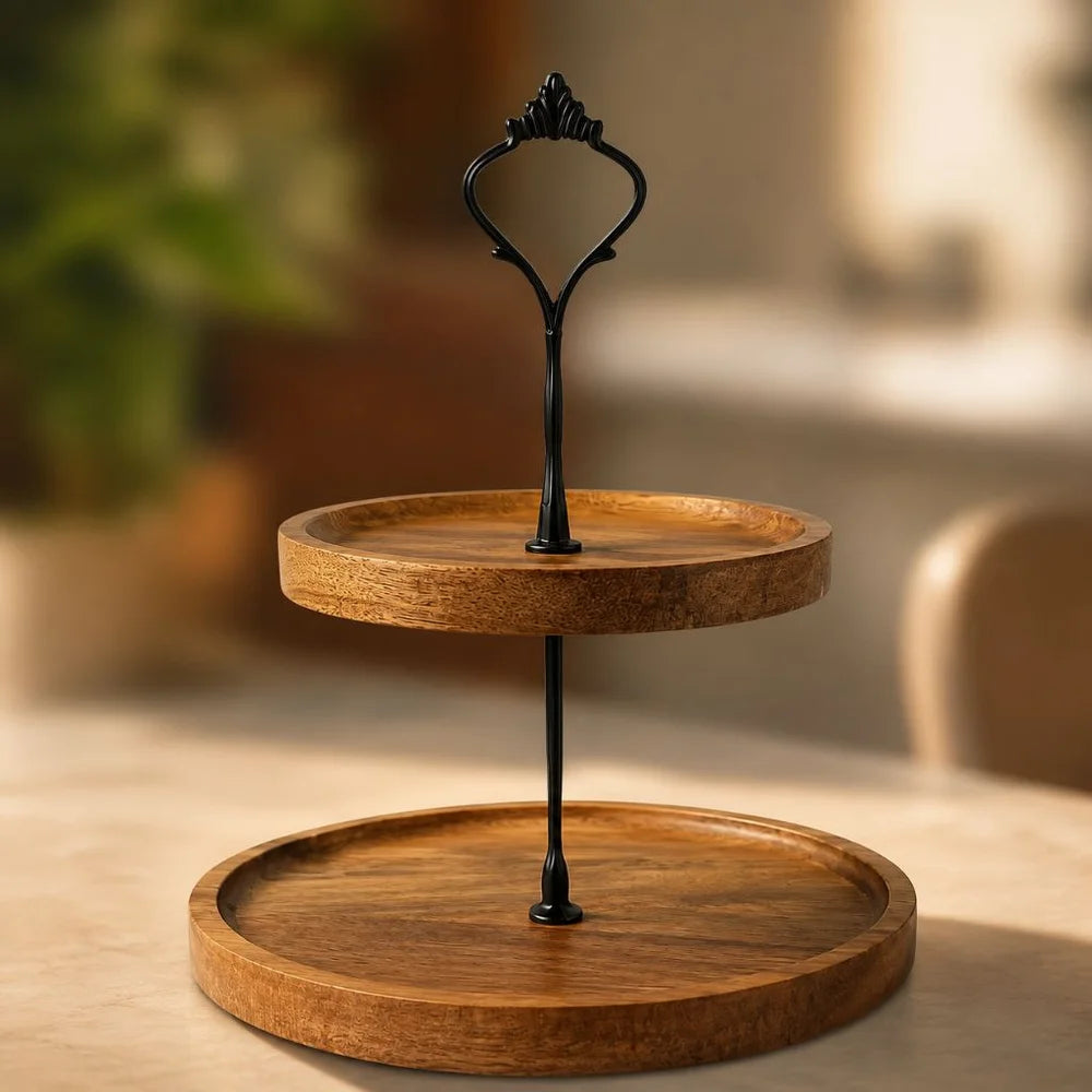 Japanese solid wood fruit tray two tier round snack plate - view 8