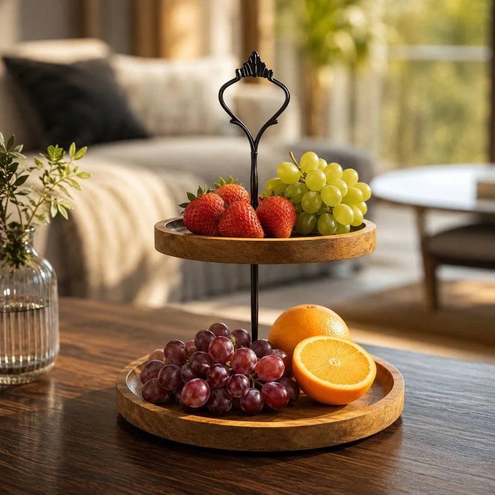 Japanese solid wood fruit tray two tier round snack plate - view 9