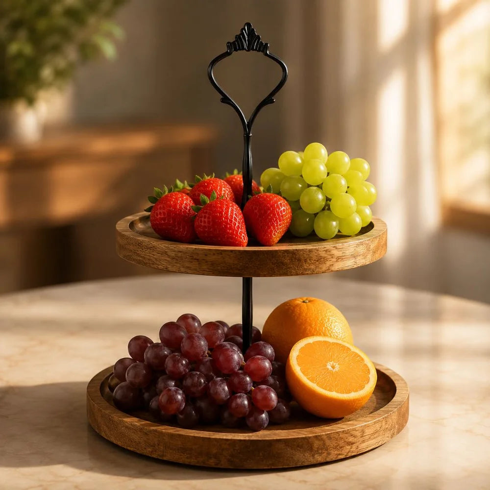 Japanese solid wood fruit tray two tier round snack plate - view 10