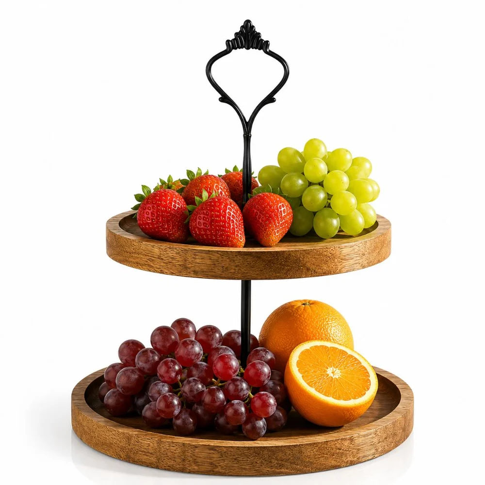 Japanese solid wood fruit tray two tier round snack plate - view 12