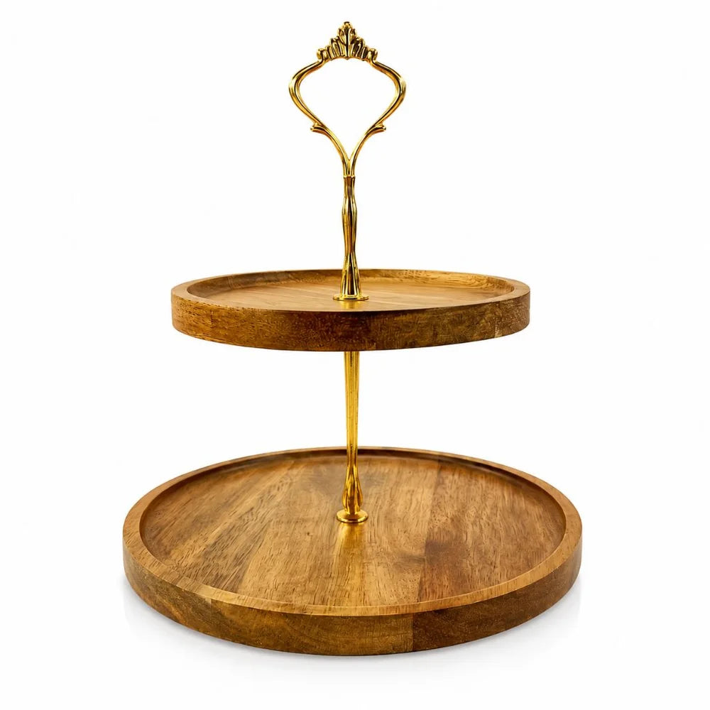 Japanese solid wood fruit tray two tier round snack plate - view 13