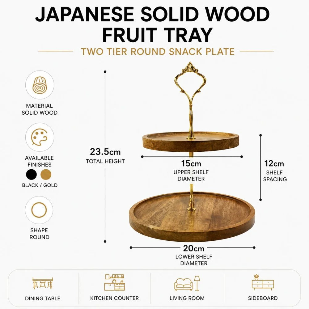 Japanese solid wood fruit tray two tier round snack plate - view 14