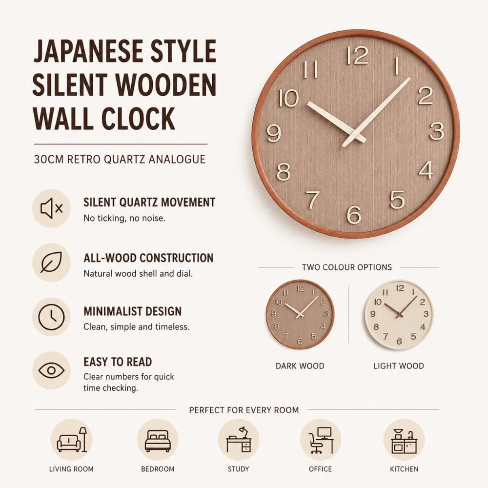 Japanese style silent wooden wall clock 30cm retro quartz analogue - view 5