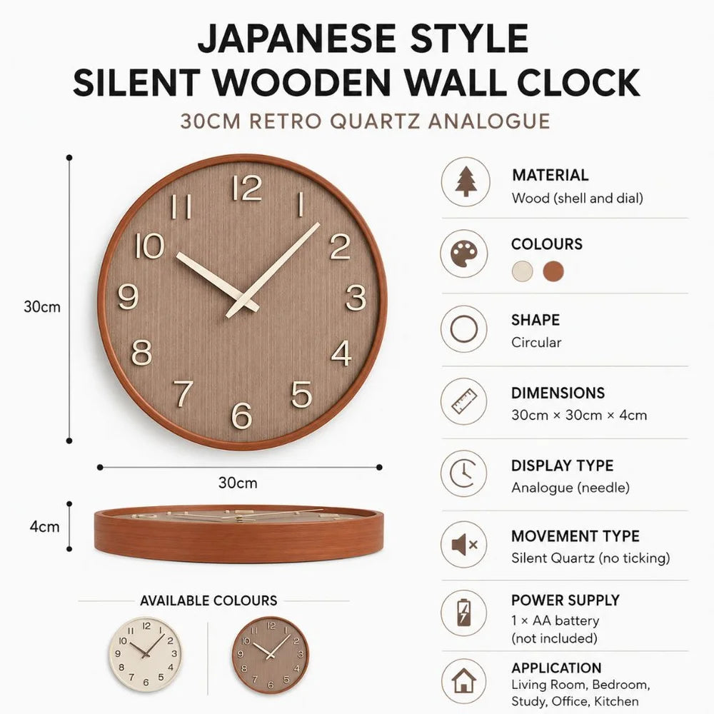Japanese style silent wooden wall clock 30cm retro quartz analogue - view 18