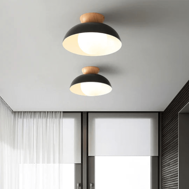 Lattea Global black metal dome flush ceiling light with frosted glass and wood cap, 30cm diameter.