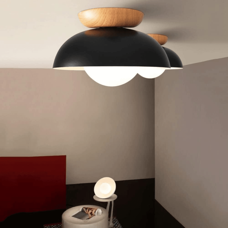 Lattea Global black metal dome flush ceiling light with frosted glass and natural wood cap