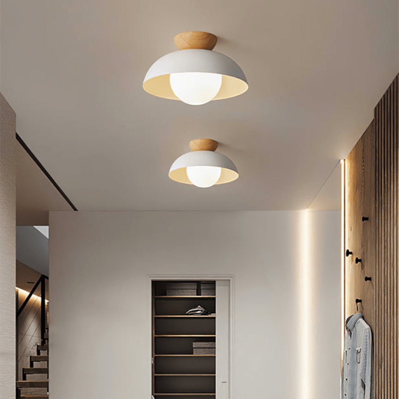Lattea Global white metal dome flush ceiling light with frosted glass and wood cap