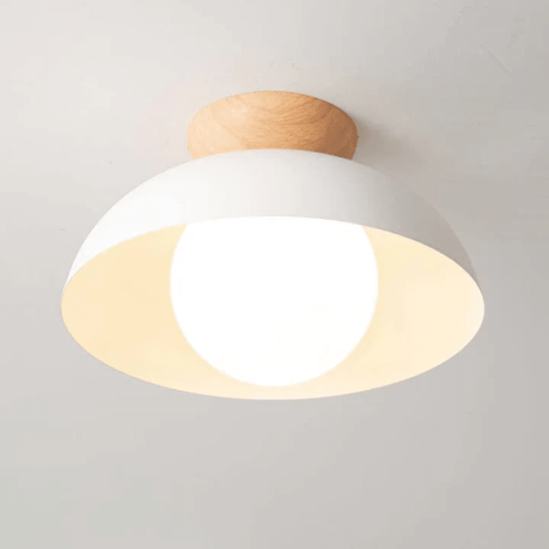 Lattea Global white metal dome flush ceiling light with frosted glass and natural wood cap