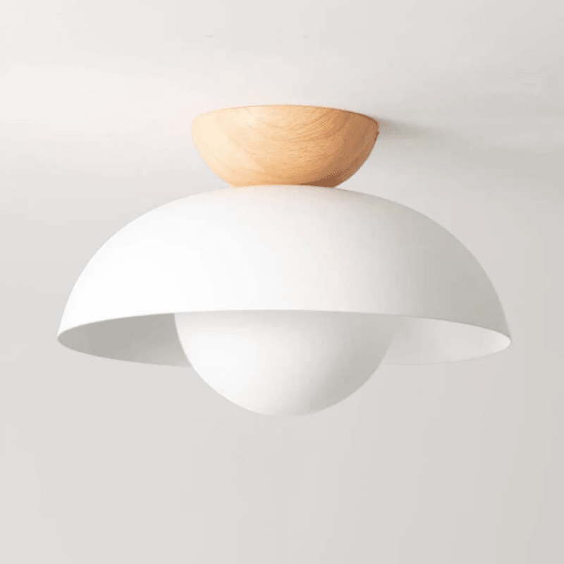 Lattea Global white metal dome flush ceiling light with frosted glass diffuser and natural wood cap.