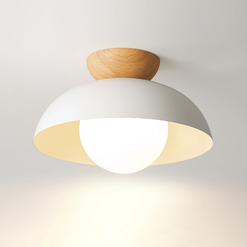 Lattea Global white metal dome flush ceiling light with frosted glass and natural wood cap