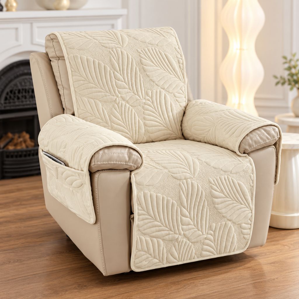 Leaf Quilted Velvet Recliner Chair Cover with Armrest Panels