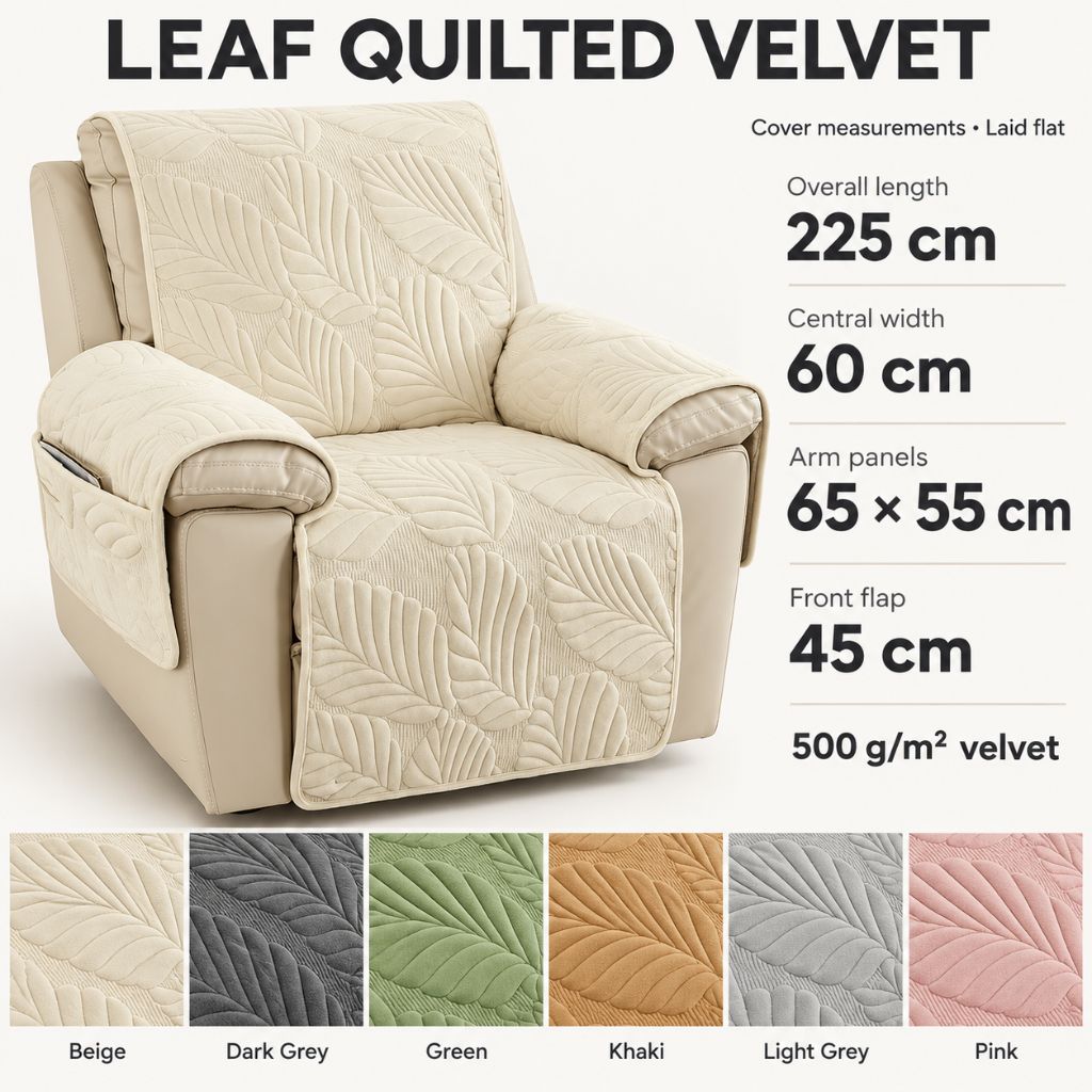 Leaf Quilted Velvet Recliner Chair Cover with Armrest Panels